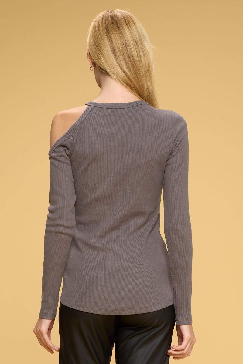 Cotton Charcoal Rib Knit Top with Open Shoulder - Stylish Comfort with a Hint of Sass