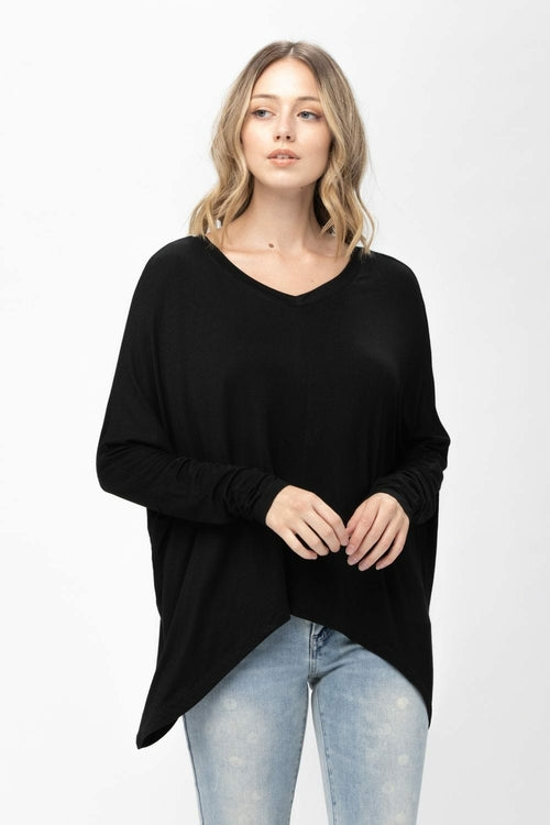 Knit Tunic Blouse Dolman Sleeve Oversized Curved-Hem Asymmetrical Tops