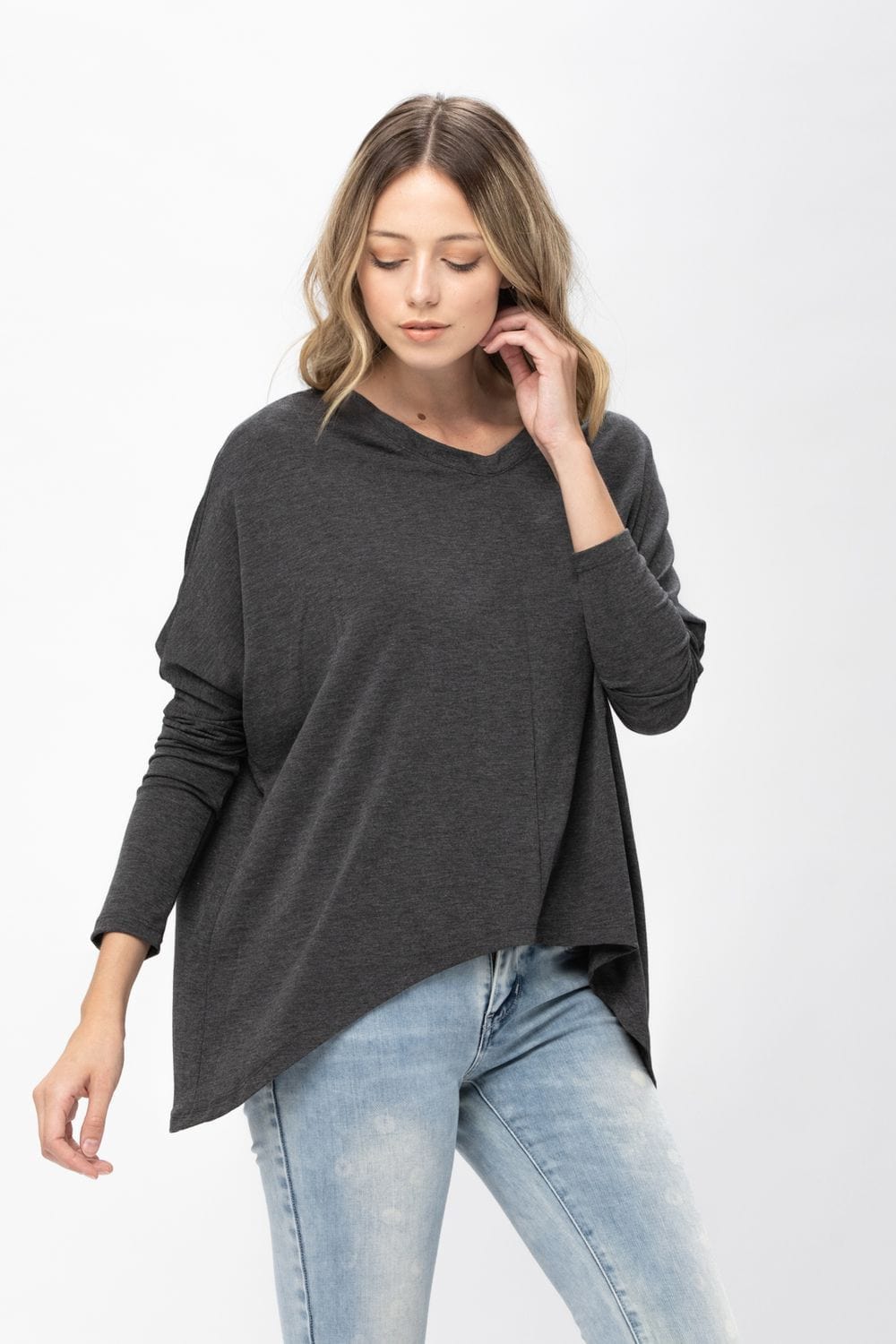 Knit Tunic Blouse Dolman Sleeve Oversized Curved-Hem Asymmetrical Tops