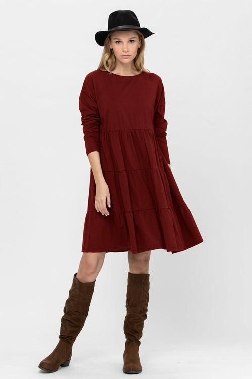 Long Sleeve 3 Tiered Casual Flared Cotton Mini Dress