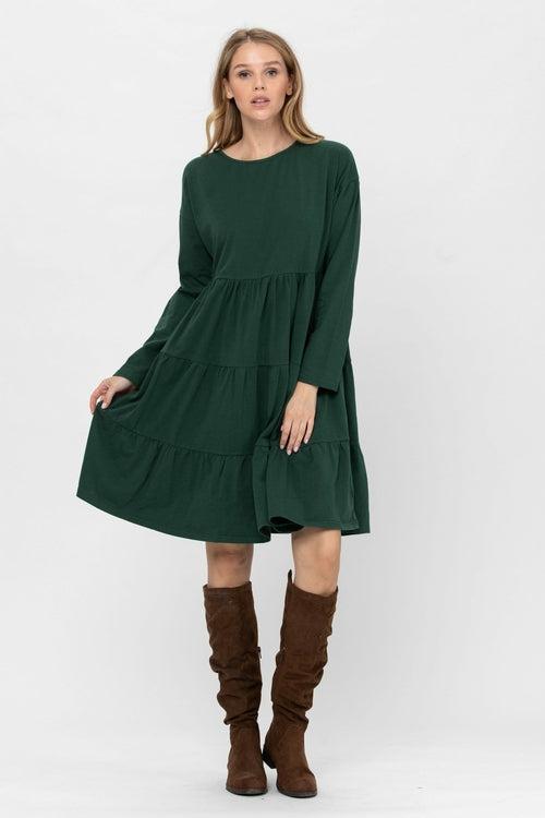 Long Sleeve 3 Tiered Casual Flared Cotton Mini Dress