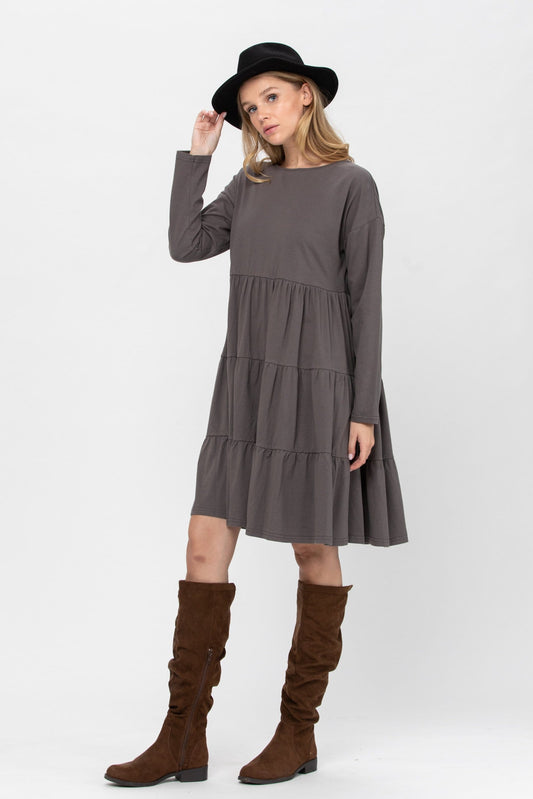 Long Sleeve 3 Tiered Casual Flared Cotton Mini Dress