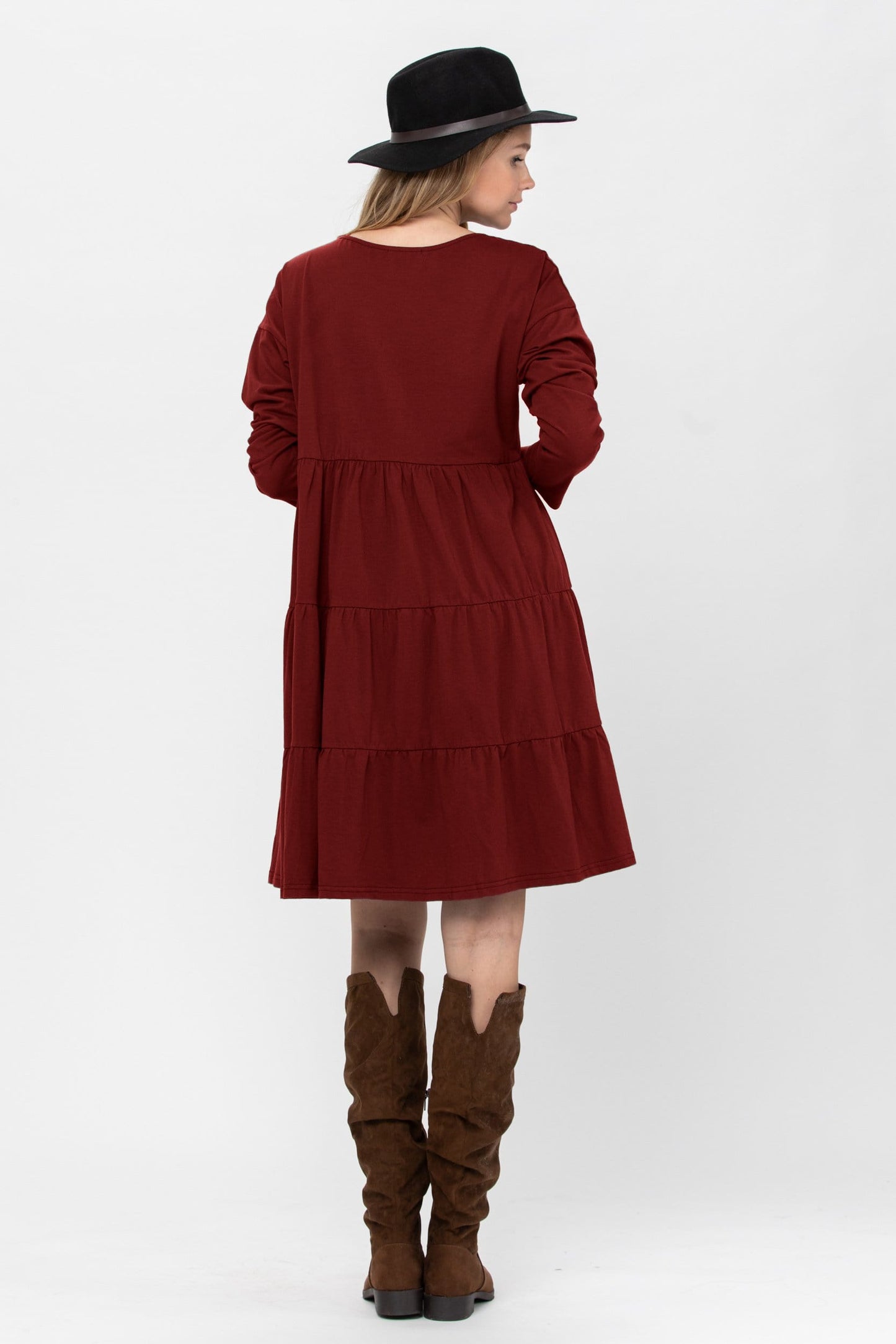 Long Sleeve 3 Tiered Casual Flared Cotton Mini Dress