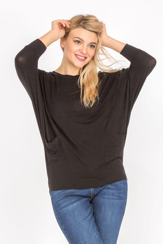 3/4 Sleeve Lightweight Ribbed Dolman Knit Batwing Blouse, Flowy, Thin,