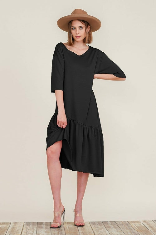 Boat Neck Short Sleeve Asymmetric Ruffle Tiered Hem Casual Loose Dress