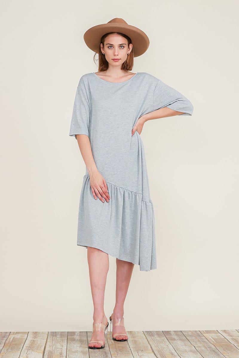 Boat Neck Short Sleeve Asymmetric Ruffle Tiered Hem Casual Loose Dress