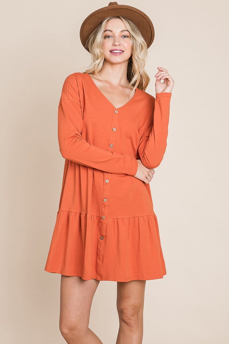 Button Front Long Sleeve Pleated Swing Dresses