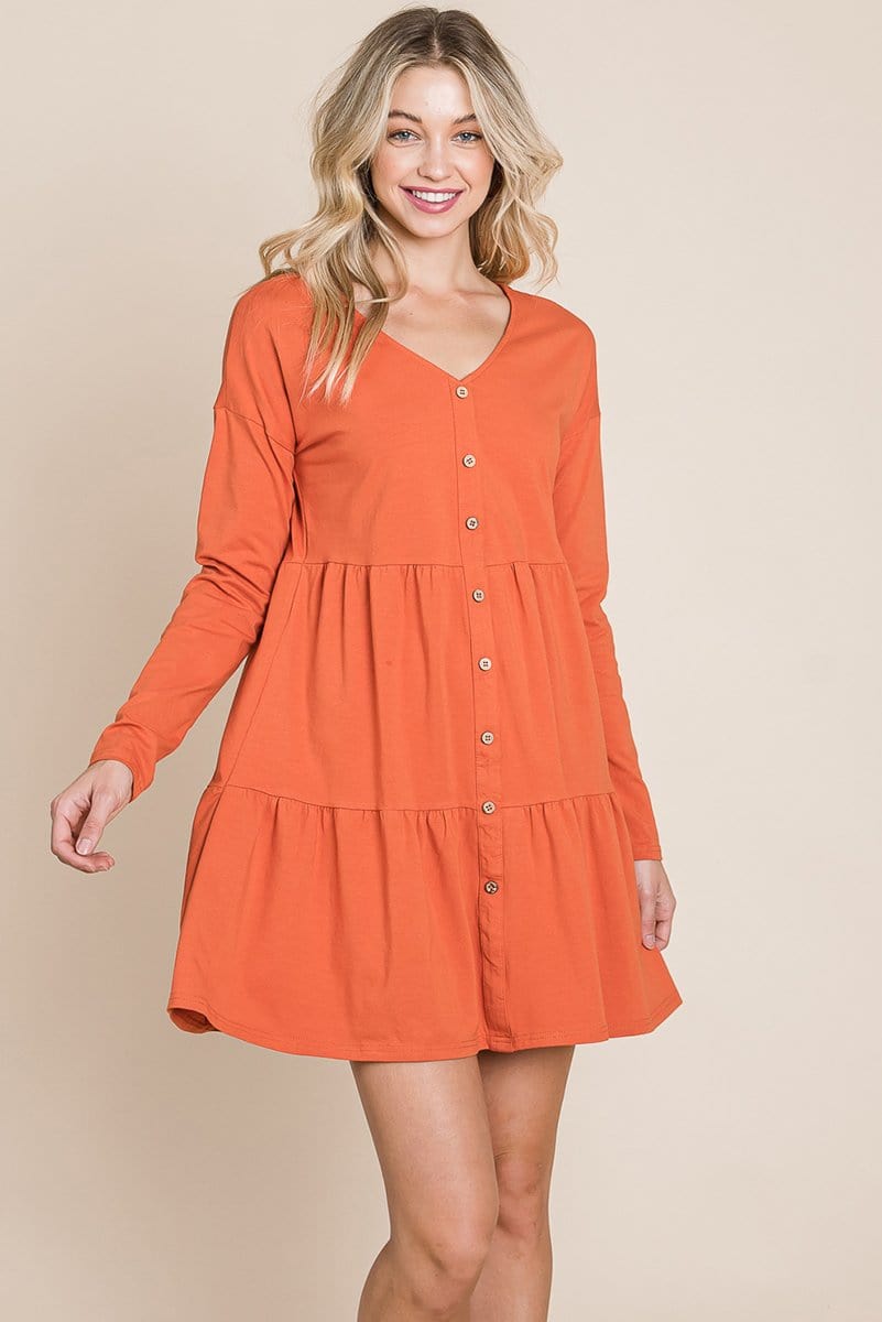 Button Front Long Sleeve Pleated Swing Dresses