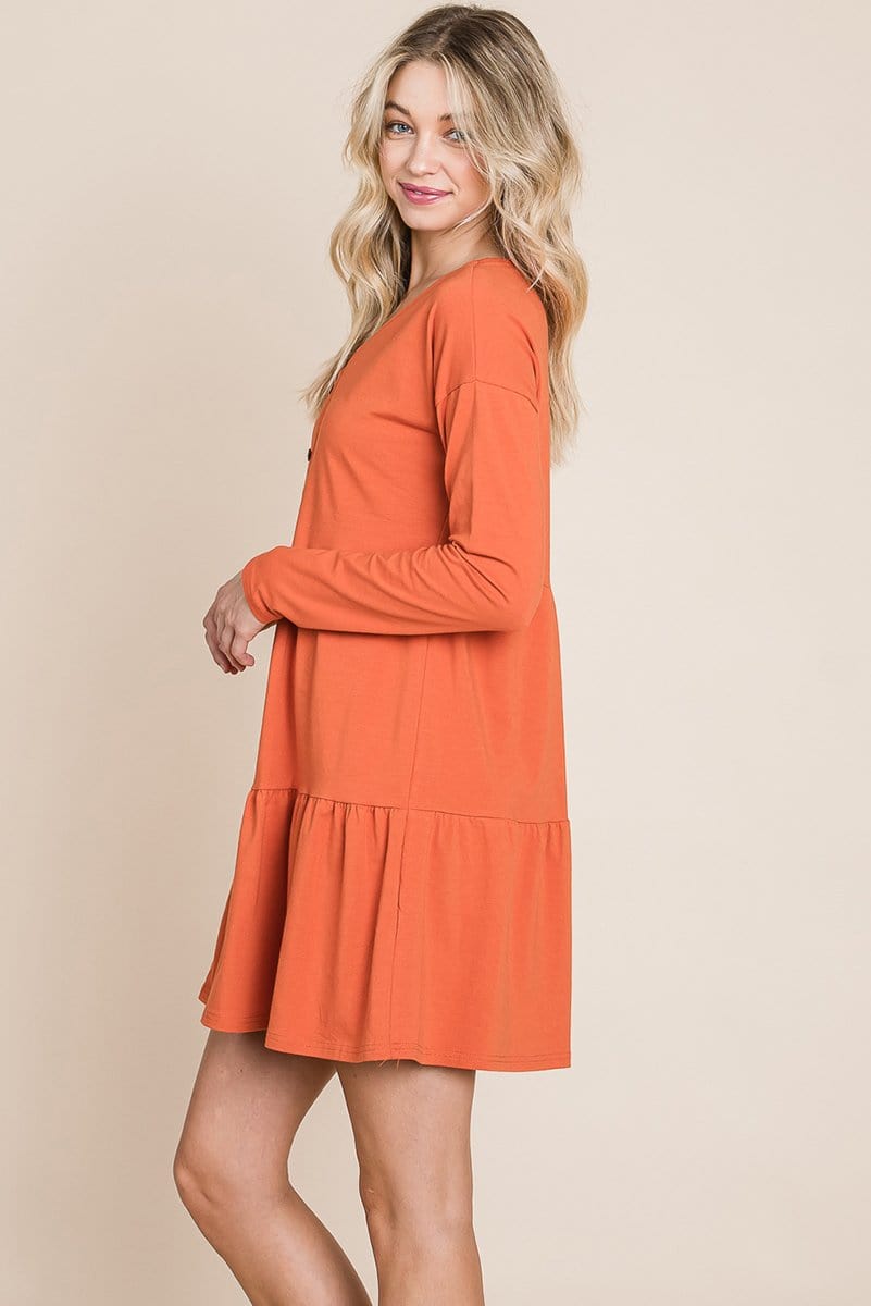 Button Front Long Sleeve Pleated Swing Dresses