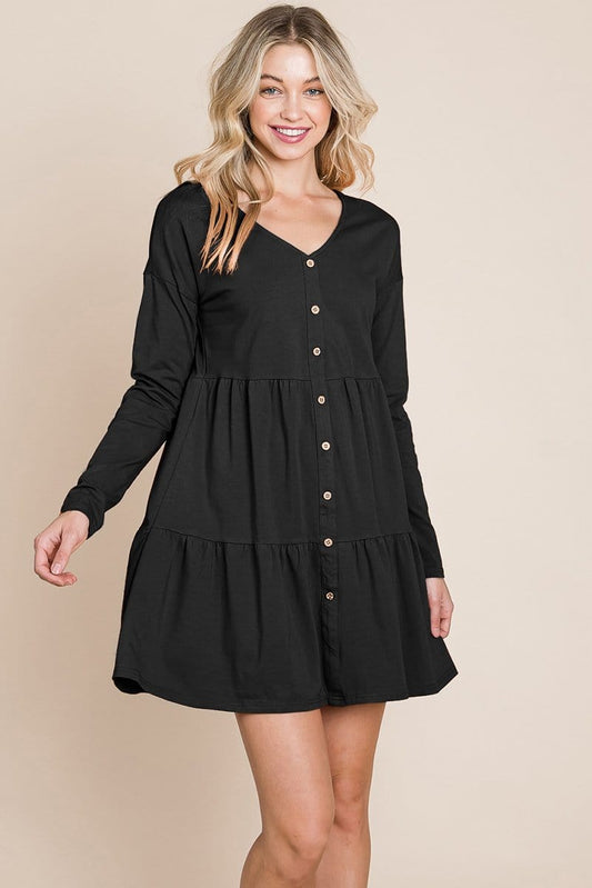 Button Front Long Sleeve Pleated Swing Dresses