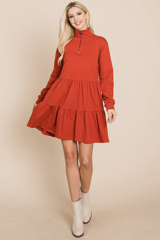 Collared Zipper Front Layered Cotton Shirt Dress