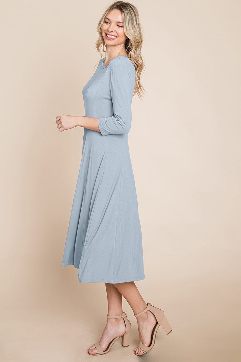 Pleated 3/4 Sleeve A line Flare Midi Jersey Dress