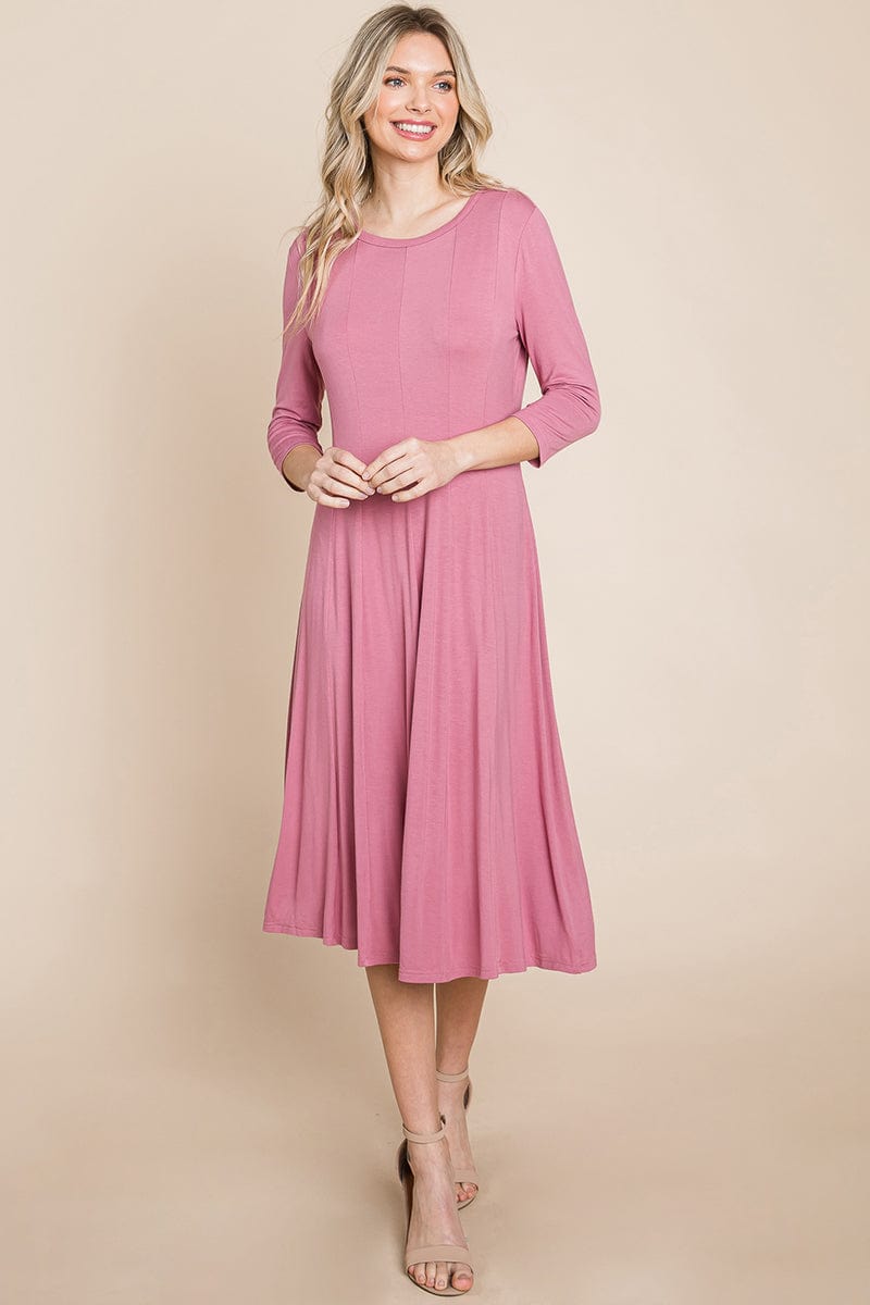 Pleated 3/4 Sleeve A line Flare Midi Jersey Dress