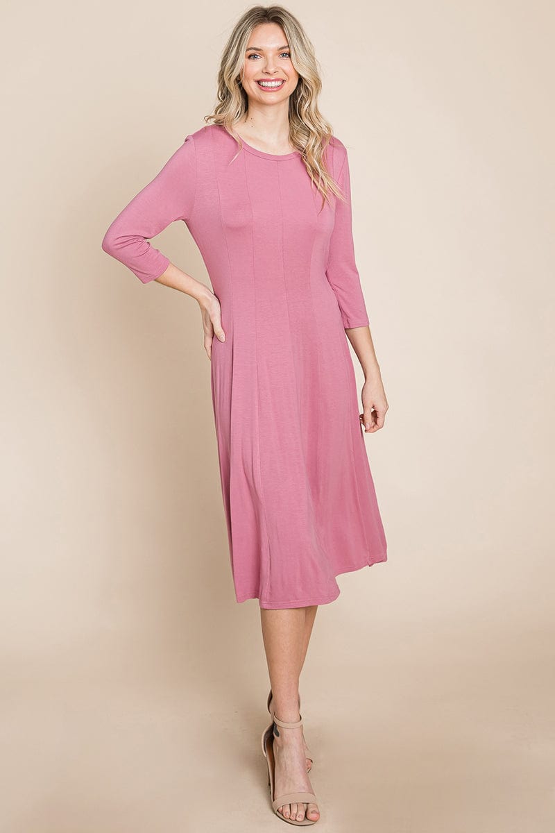 Pleated 3/4 Sleeve A line Flare Midi Jersey Dress