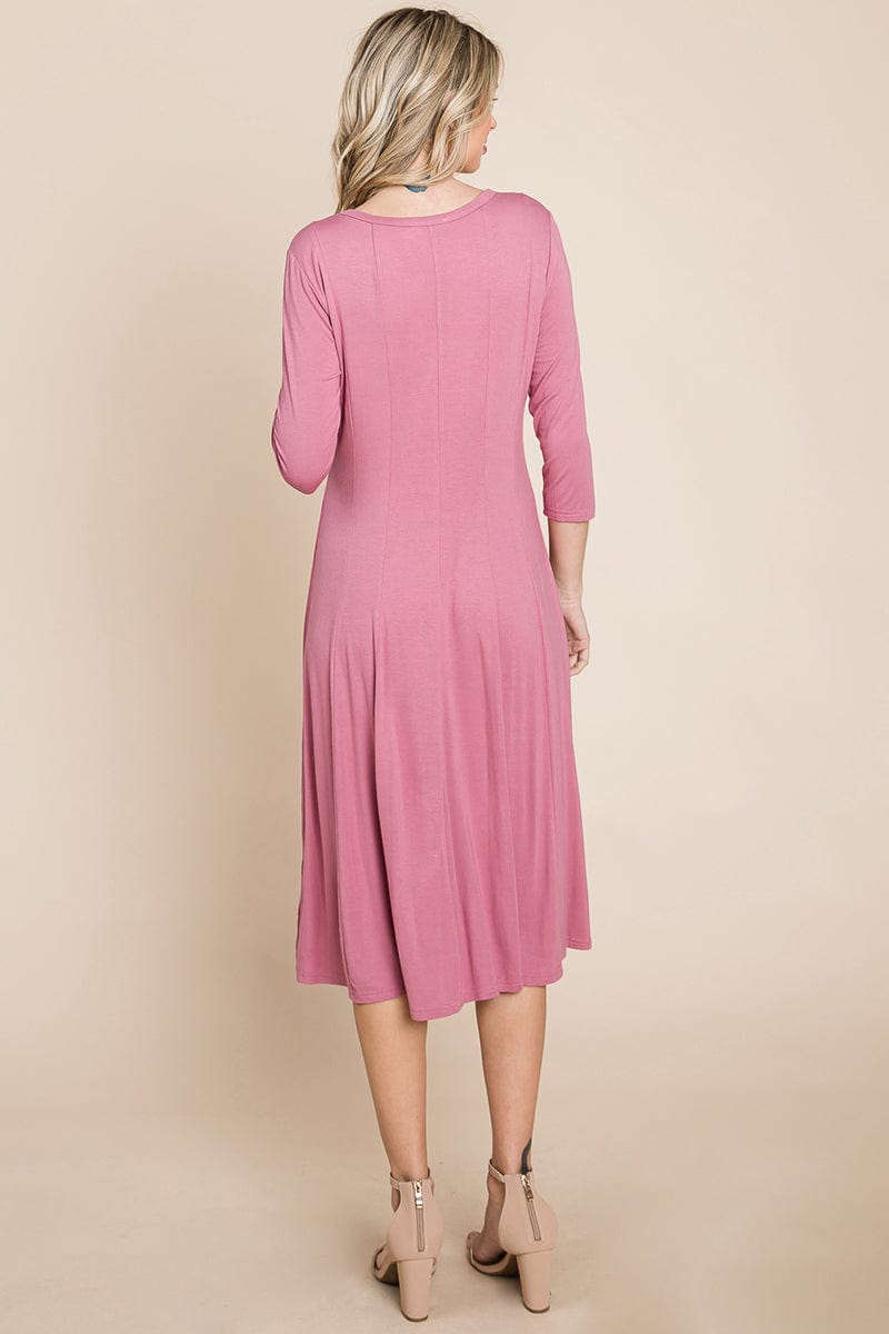 Pleated 3/4 Sleeve A line Flare Midi Jersey Dress