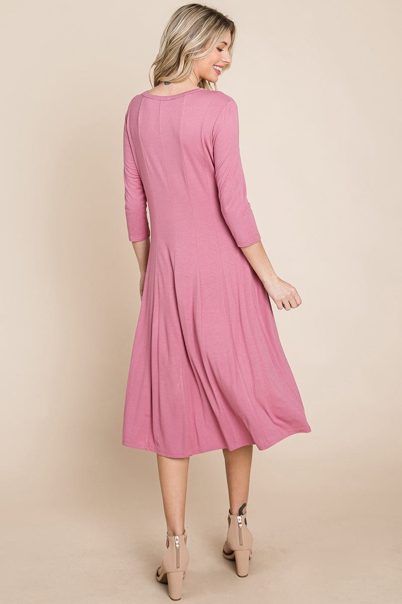 Pleated 3/4 Sleeve A line Flare Midi Jersey Dress