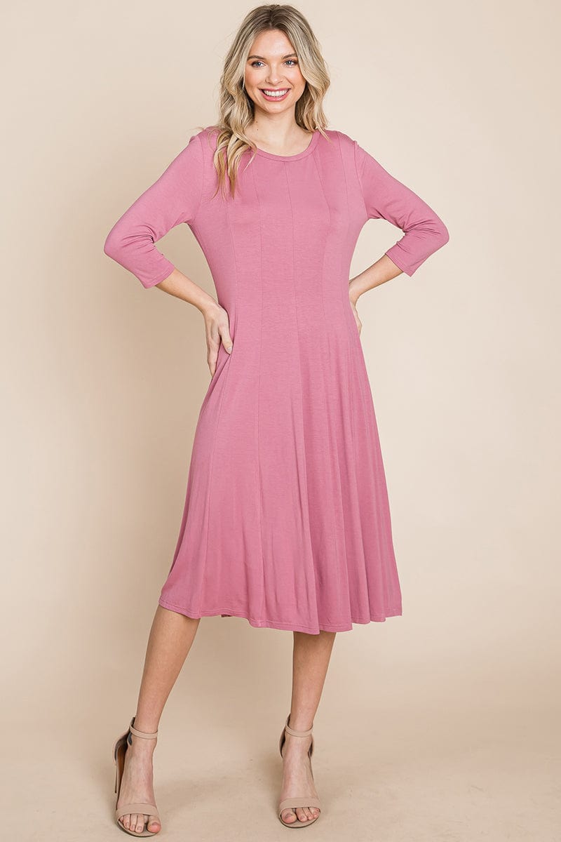 Pleated 3/4 Sleeve A line Flare Midi Jersey Dress