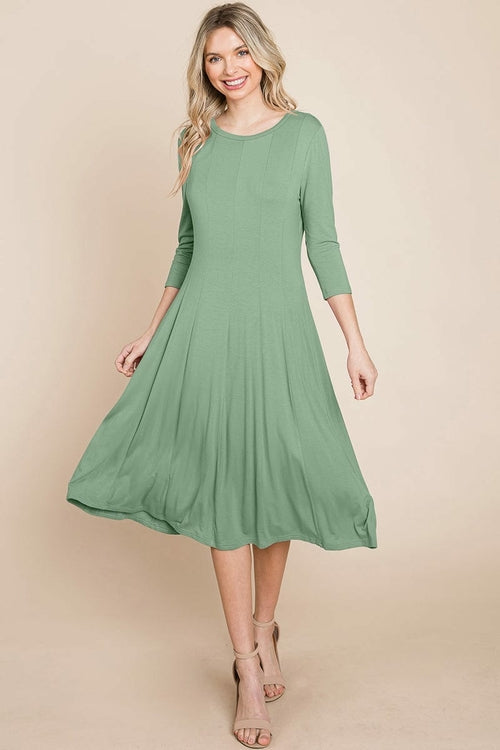 Pleated 3/4 Sleeve A line Flare Midi Jersey Dress