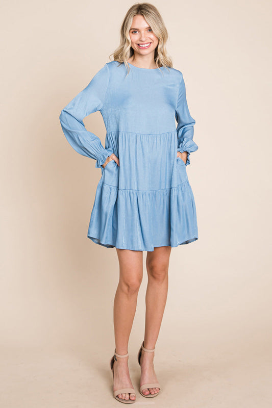 Chambray Pleated Tiered Long Sleeve Dress