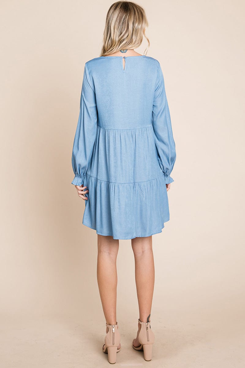 Chambray Pleated Tiered Long Sleeve Dress