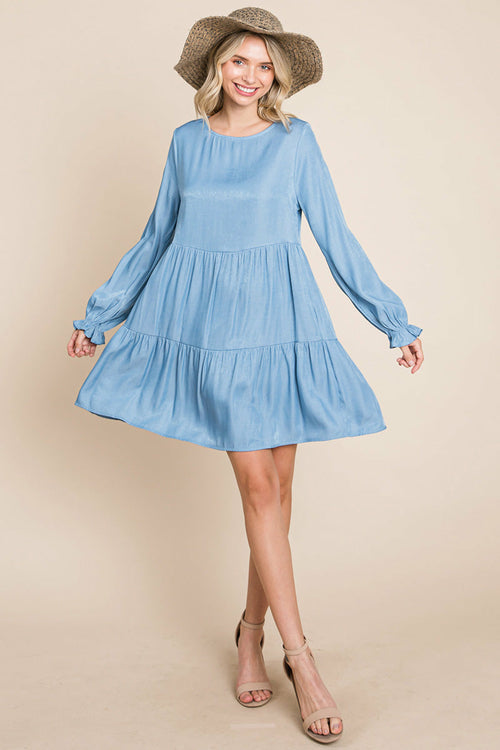 Chambray Pleated Tiered Long Sleeve Dress