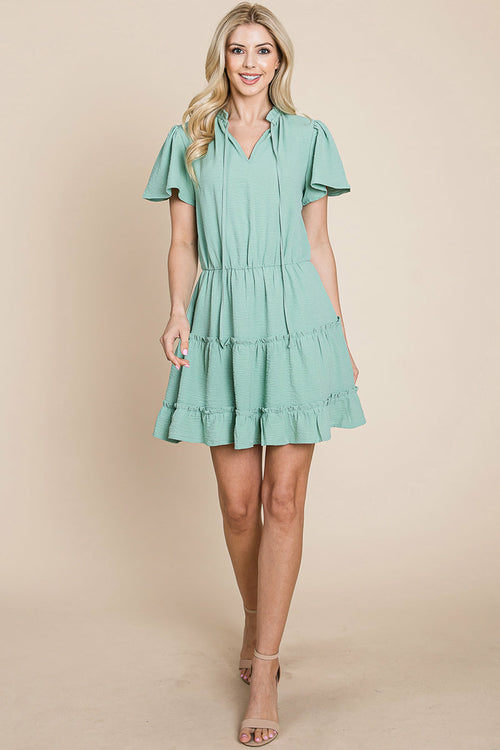 Tiered tie V neck Flutter Sleeve Flowy Tunic Dress