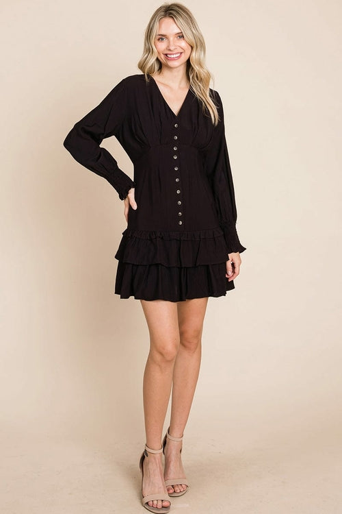 Tiered Hem Button Down Smocked Sleeve Dress