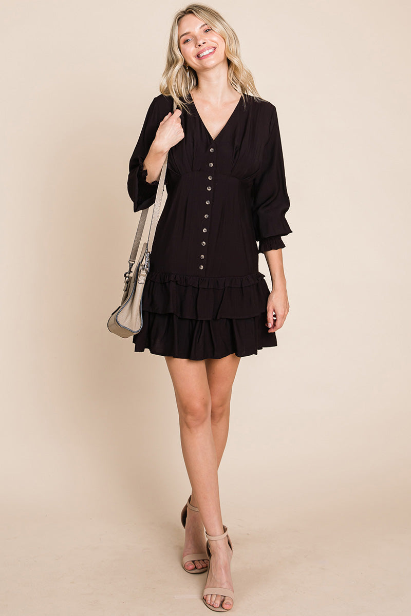 Tiered Hem Button Down Smocked Sleeve Dress