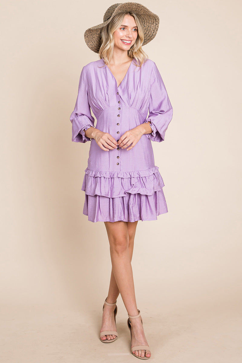 Tiered Hem Button Down Smocked Sleeve Dress