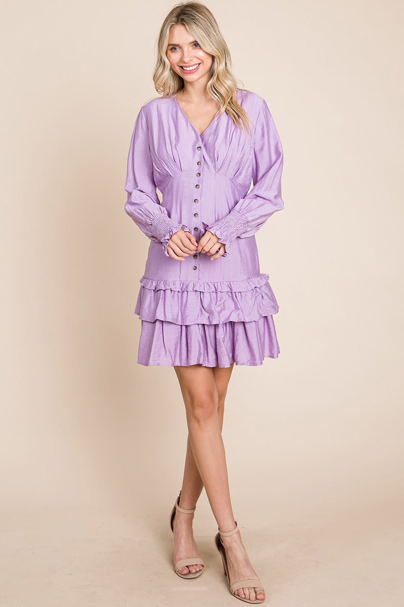 Tiered Hem Button Down Smocked Sleeve Dress