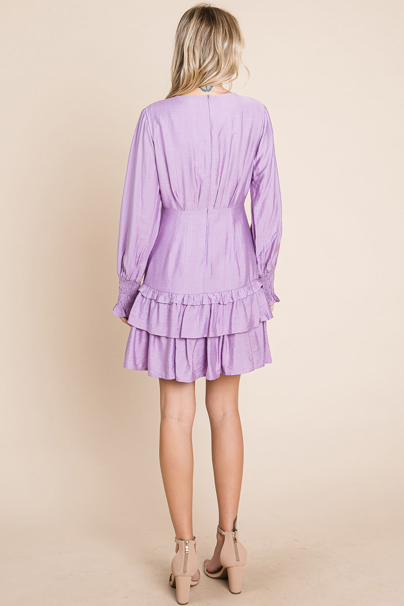 Tiered Hem Button Down Smocked Sleeve Dress