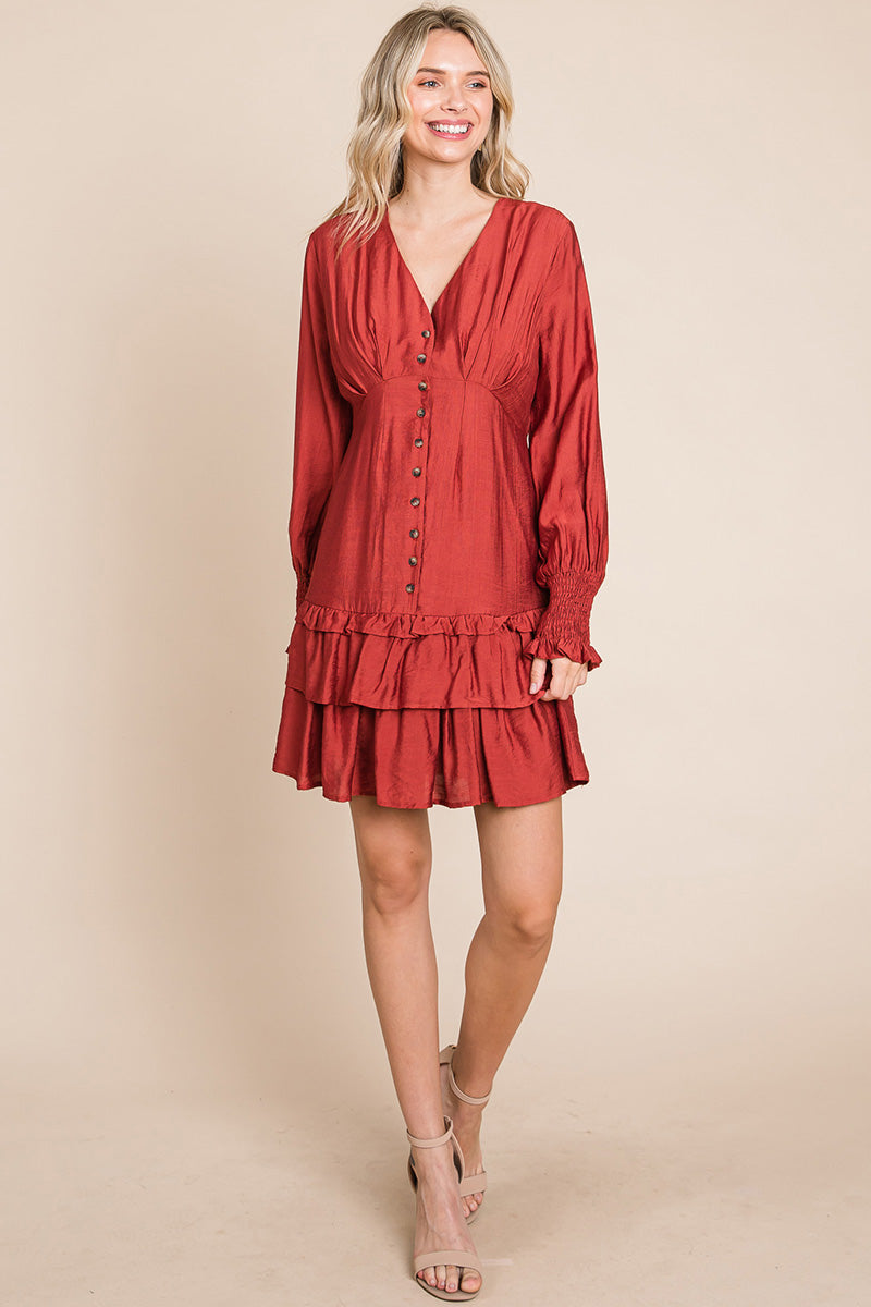 Tiered Hem Button Down Smocked Sleeve Dress