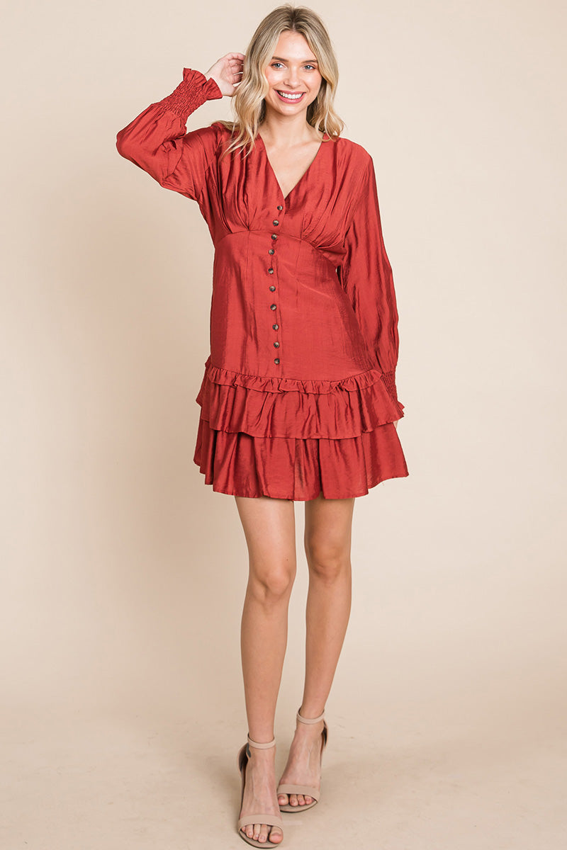 Tiered Hem Button Down Smocked Sleeve Dress