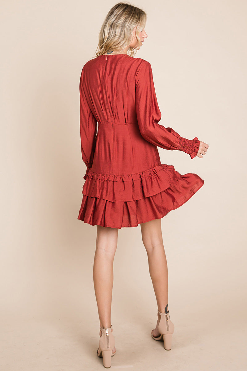 Tiered Hem Button Down Smocked Sleeve Dress