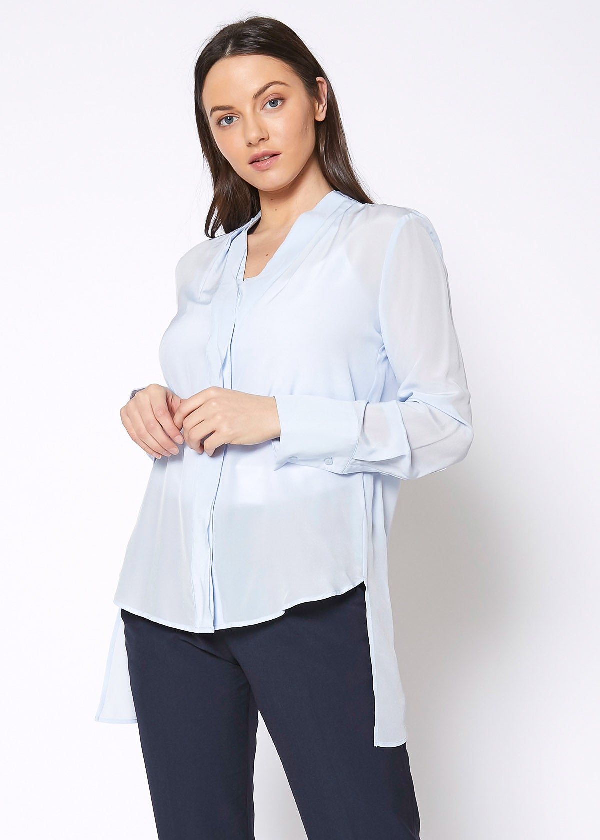 Women's Sheer Placket Hi Lo Blouse