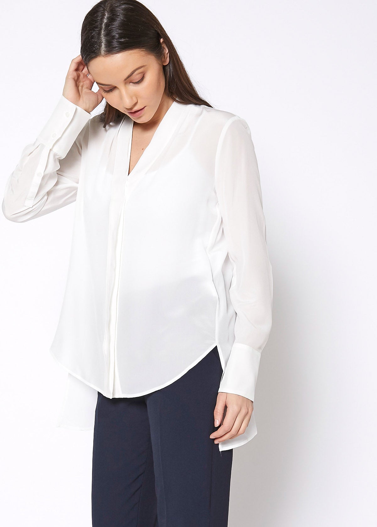 Women's Sheer Placket Hi Lo Blouse