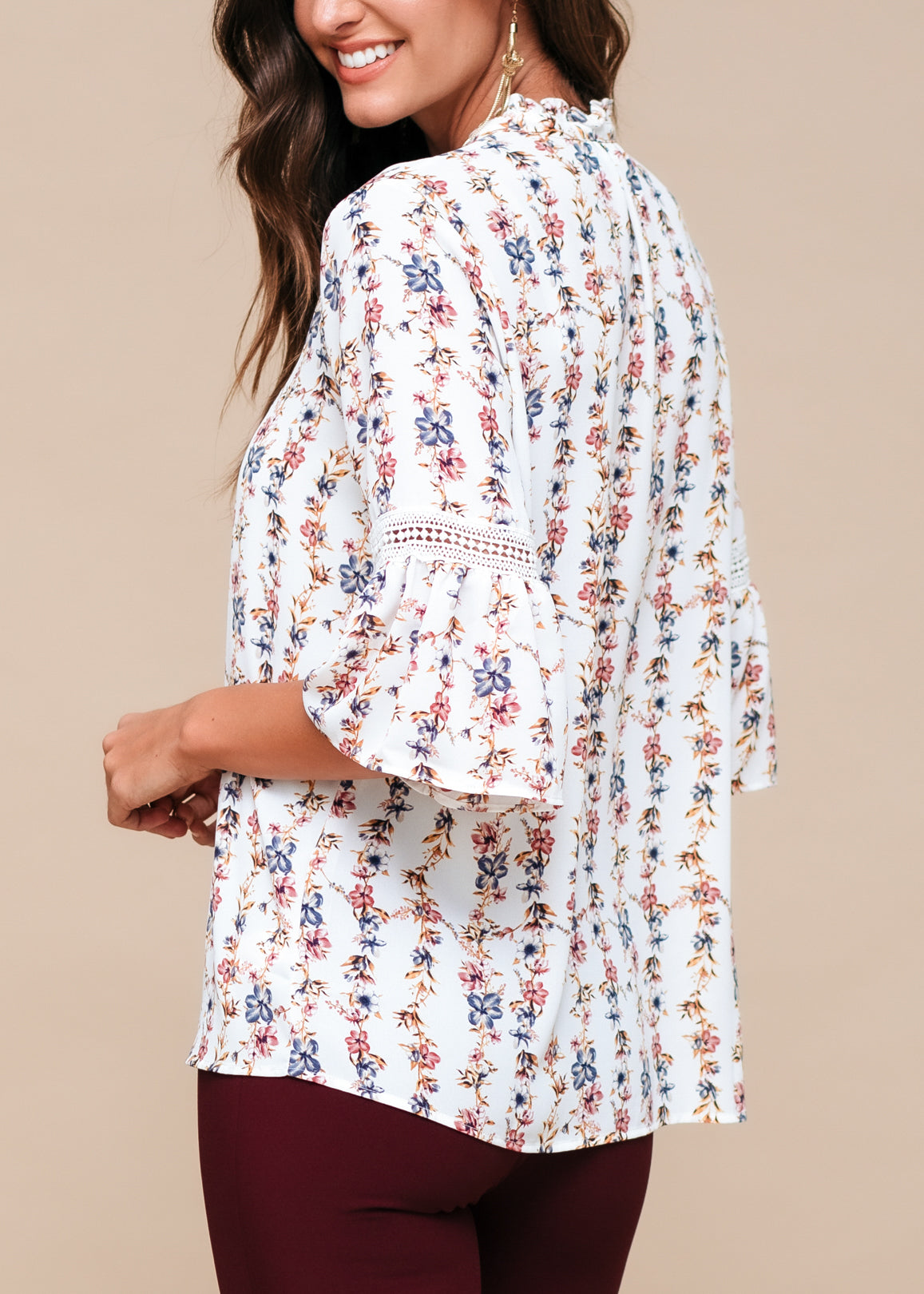 Women's Silk Tie-Neck Floral Ruffle Shirt