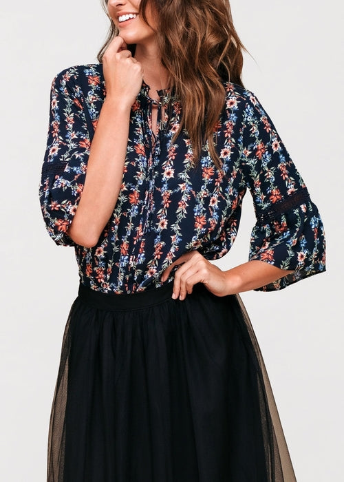 Women's Silk Tie-Neck Floral Ruffle Shirt