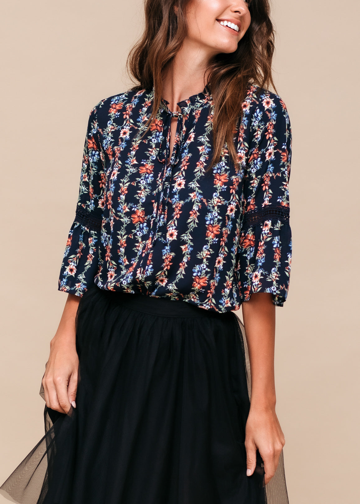 Women's Silk Tie-Neck Floral Ruffle Shirt