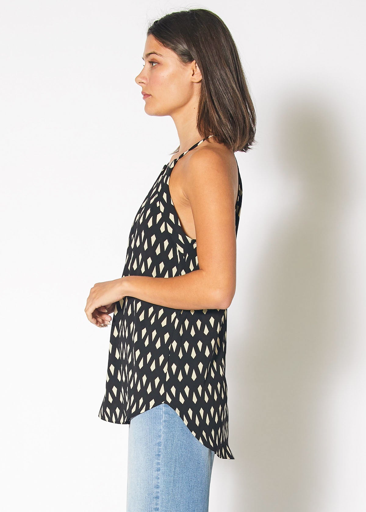 Keyhole Halter Print Sleeveless Top in Black Geo