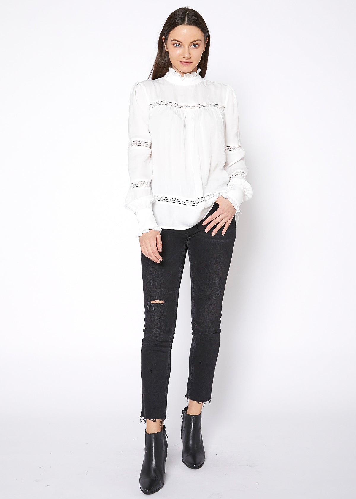 Women's Eyelet Long Sleeve Mock Neck Top