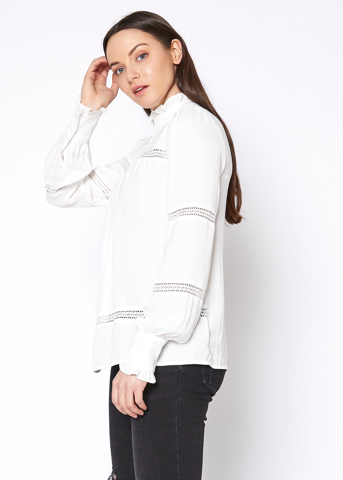 Women's Eyelet Long Sleeve Mock Neck Top