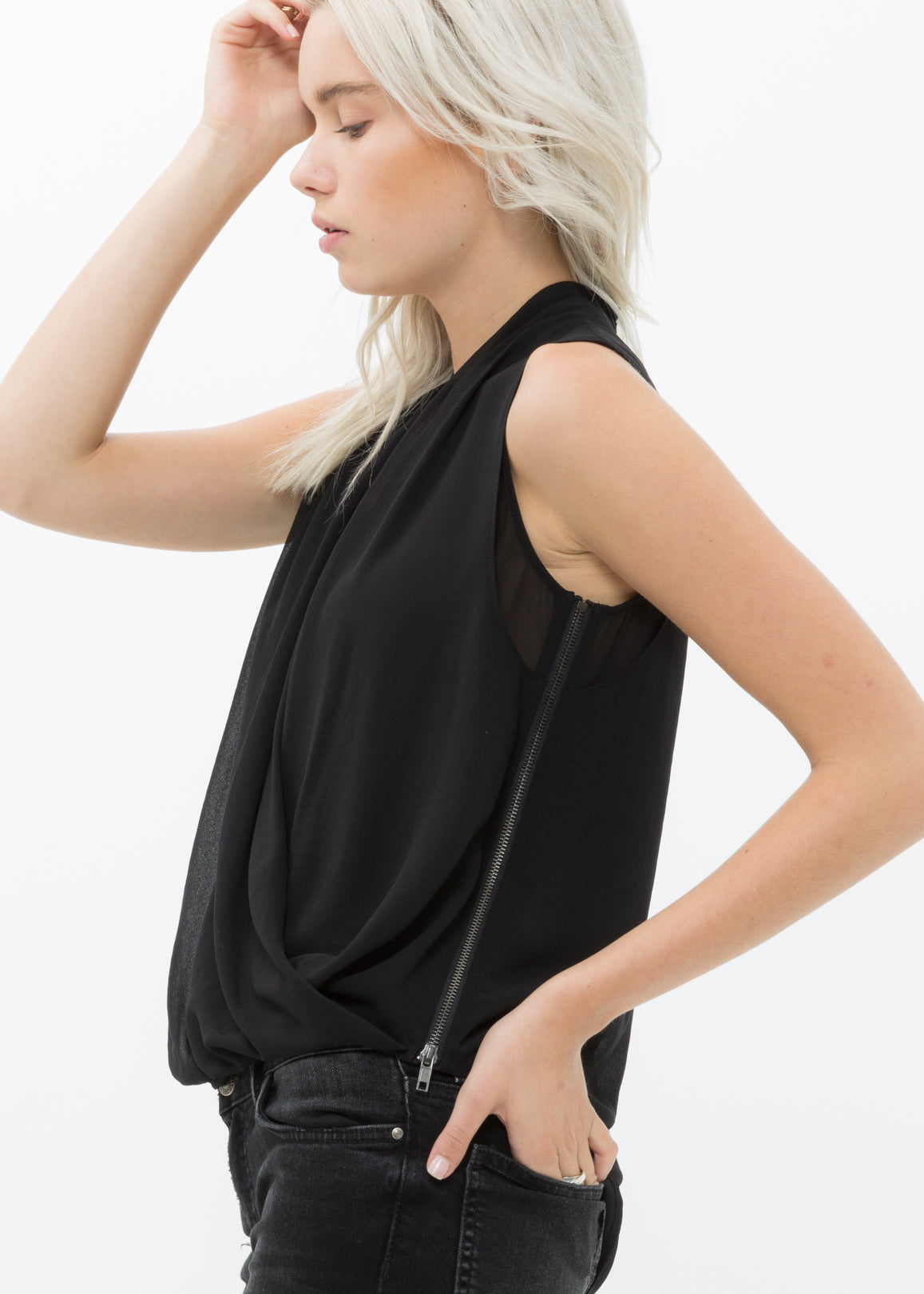 Women's Surplice Sleeveless Blouse In Black