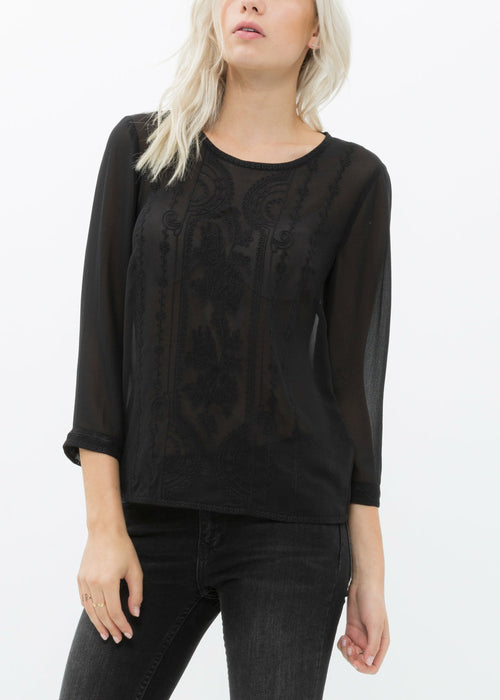 Women's Embossed Long Sleeve Sheer Top In Black