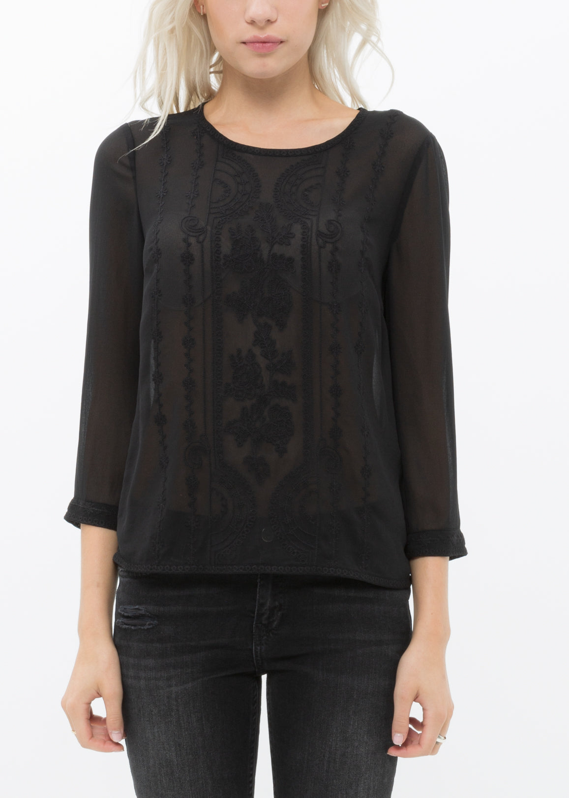 Women's Embossed Long Sleeve Sheer Top In Black