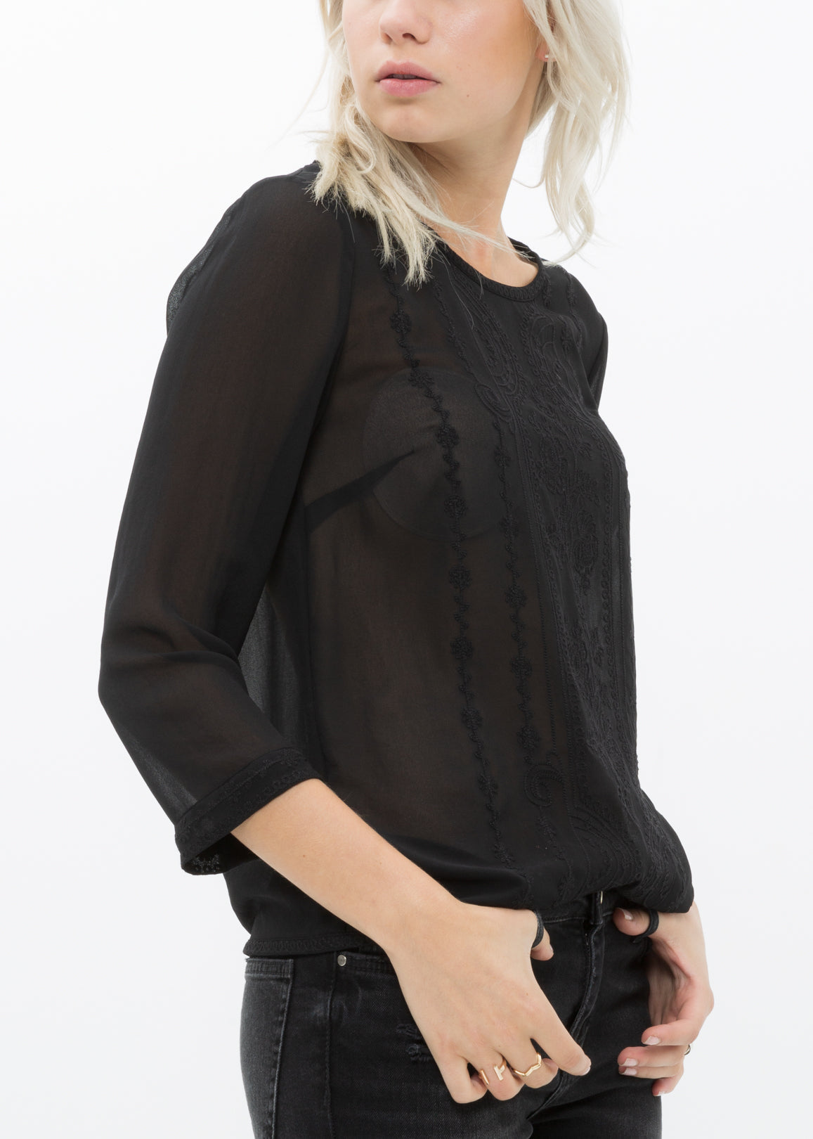 Women's Embossed Long Sleeve Sheer Top In Black