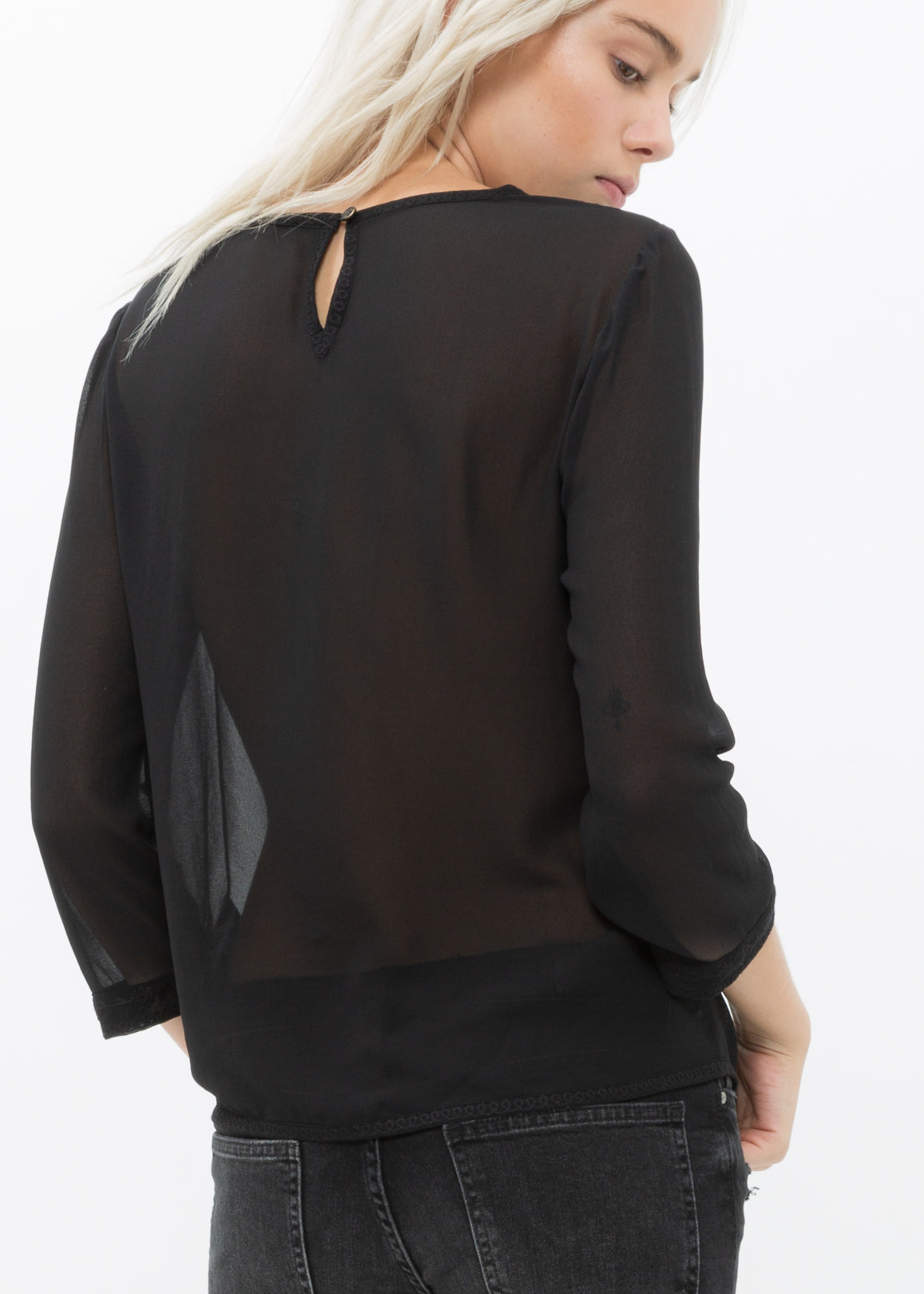 Women's Embossed Long Sleeve Sheer Top In Black