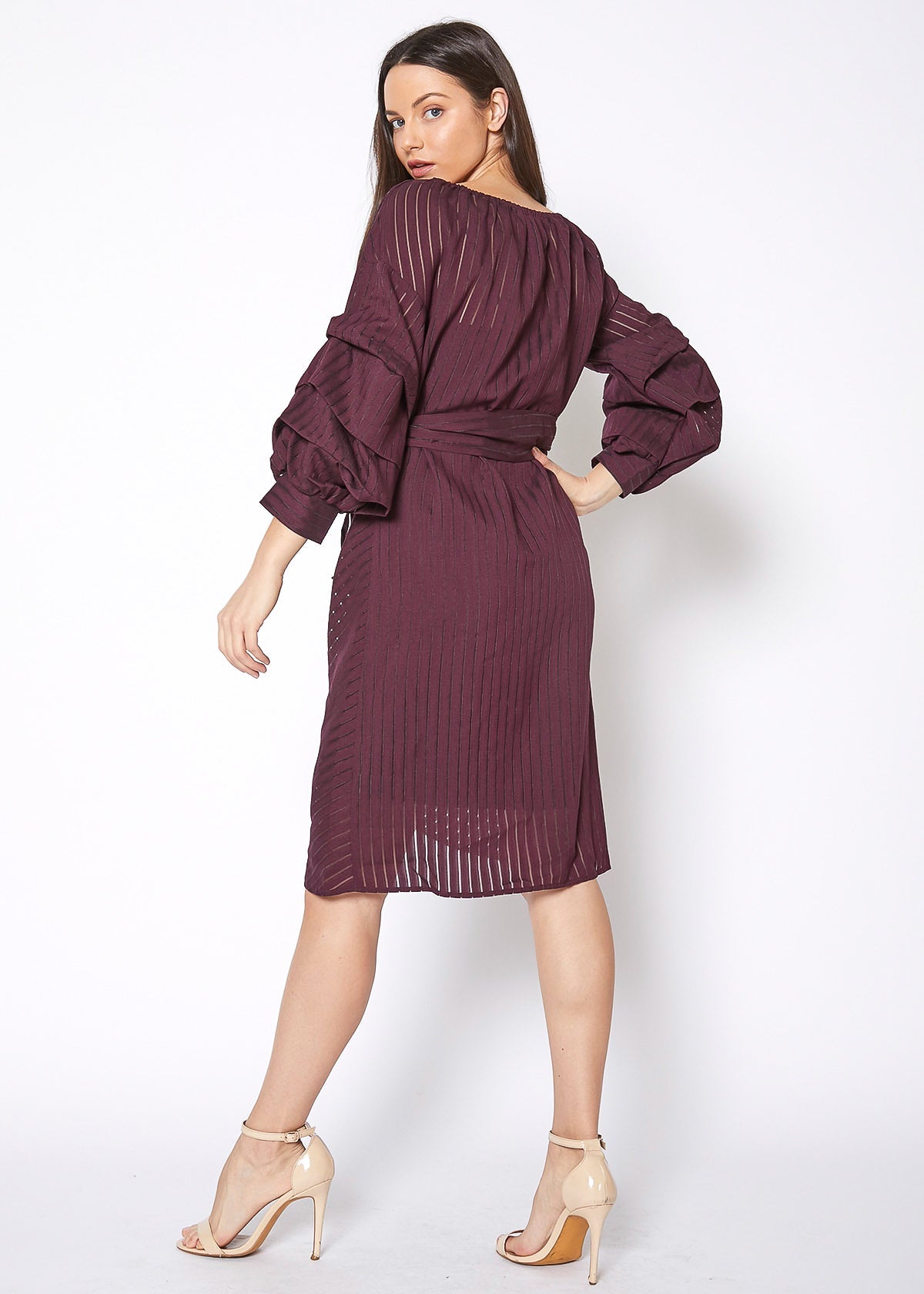 Organza Stripe Wrap Dress In Burgundy