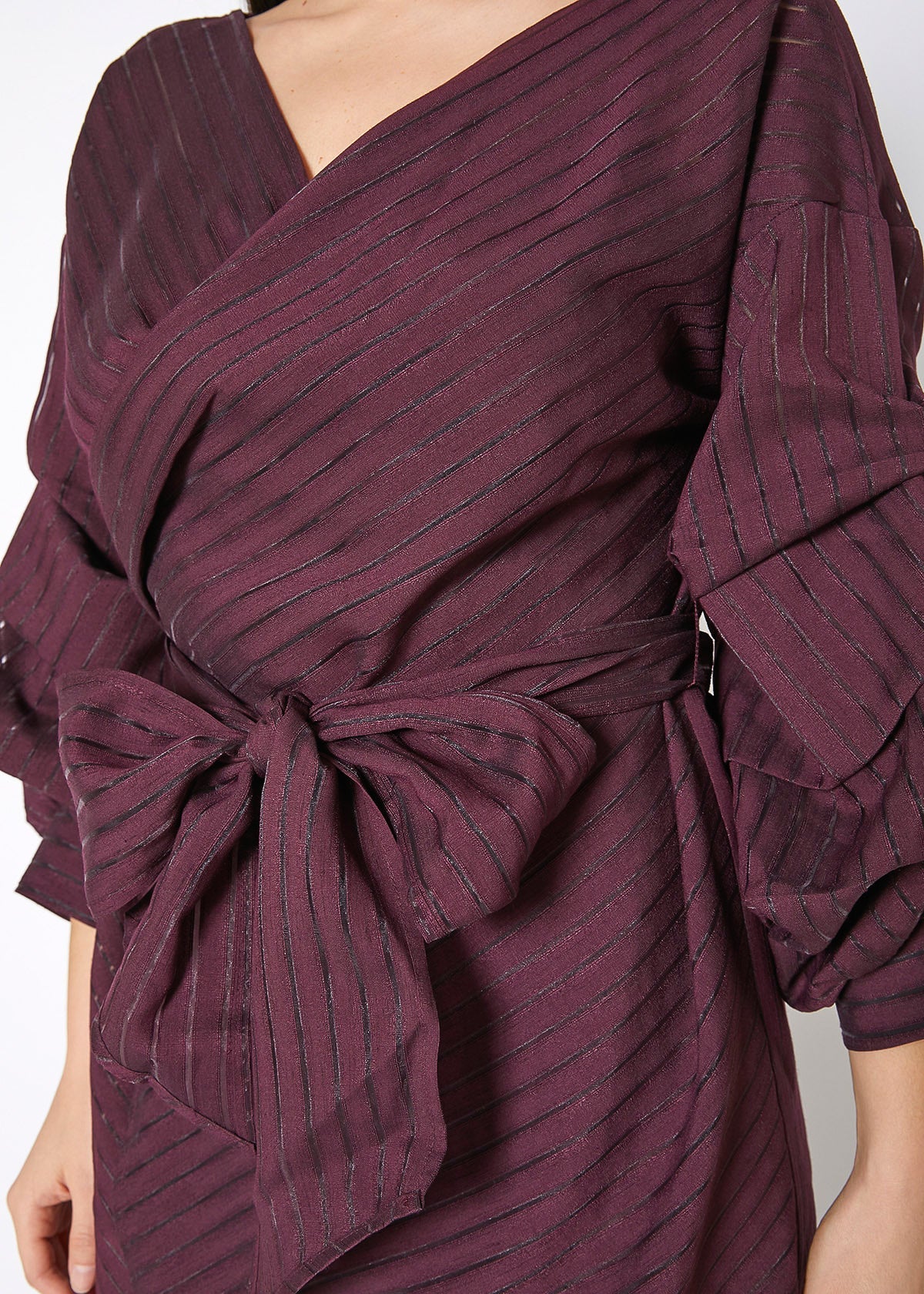 Organza Stripe Wrap Dress In Burgundy