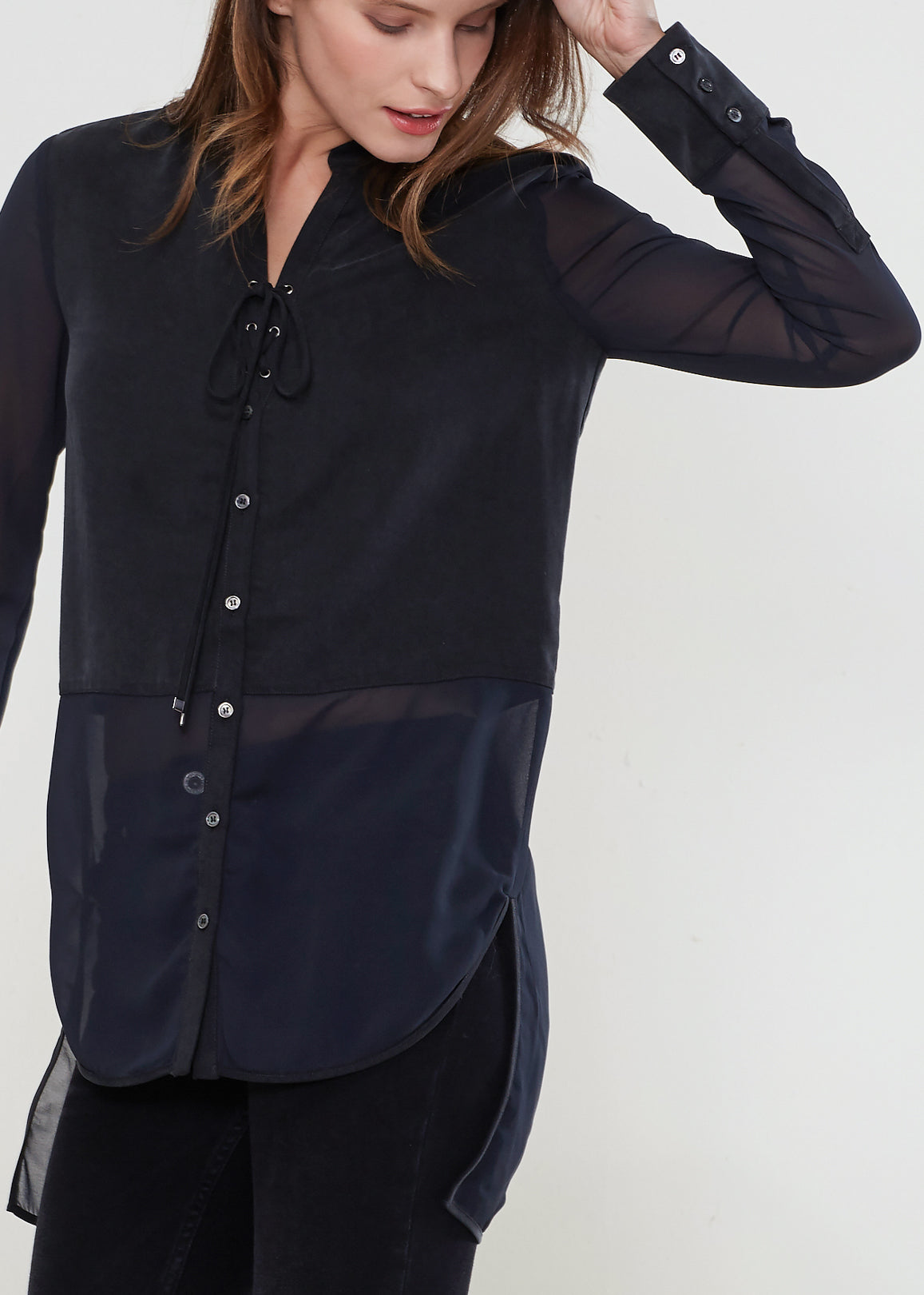 Women's Mesh Contrast Button Up Shirt In Black